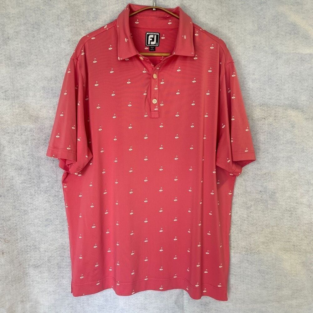 FootJoy Pink White Athletic Fit Lisle Print Collar Golf Polo Shirt Size Large
